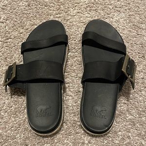 Sorel Women's Roaming Black Leather Platform Espadrille Sandals